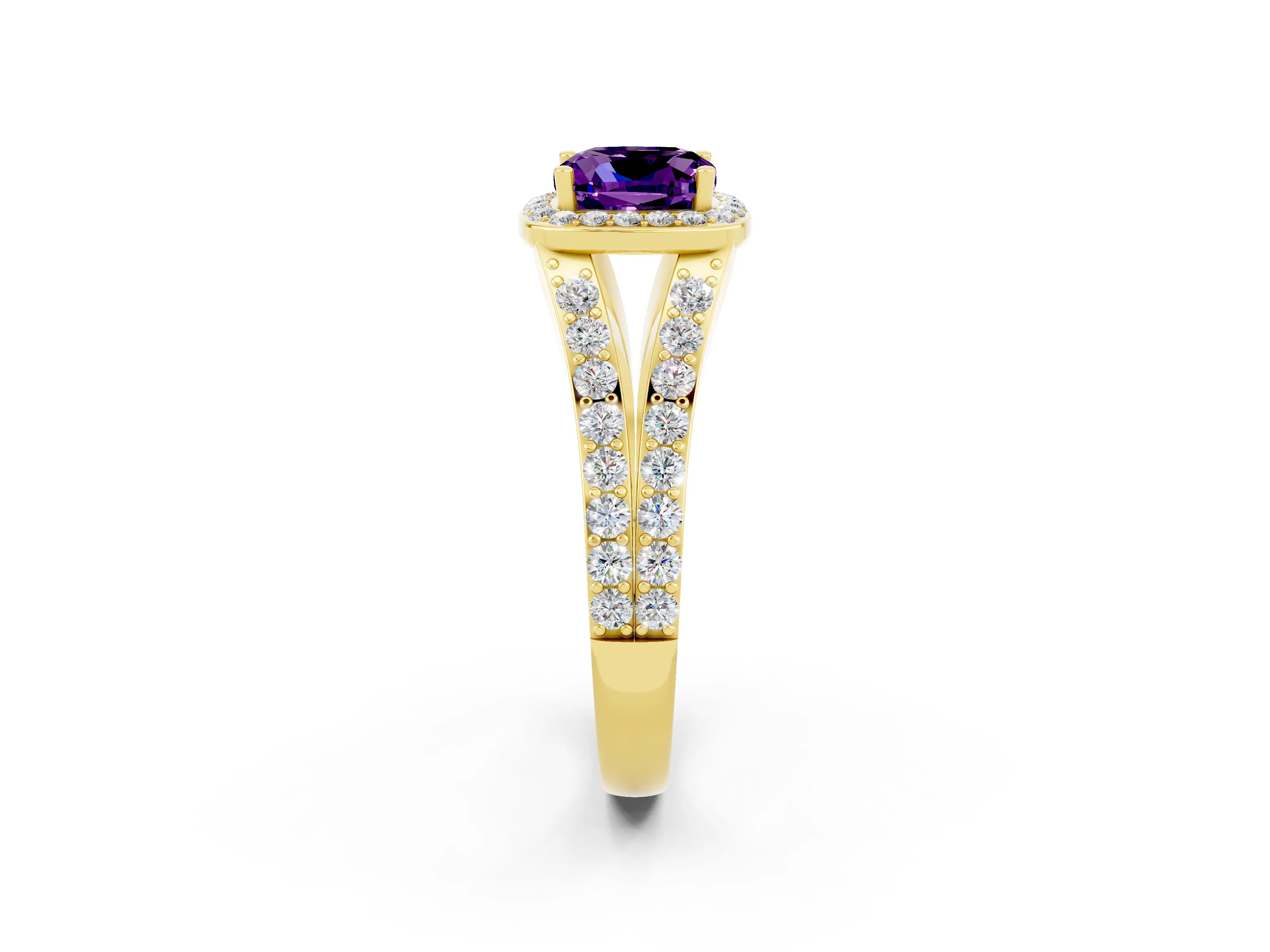 Yellow gold Cushion Cut Amethyst Split Shank Halo Ring with Four-Prong Setting_14