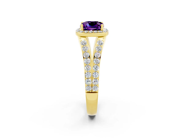 Yellow gold Cushion Cut Amethyst Split Shank Halo Ring with Four-Prong Setting