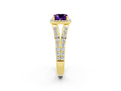 Yellow gold Cushion Cut Amethyst Split Shank Halo Ring with Four-Prong Setting_14