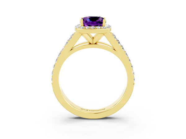 Yellow gold Cushion Cut Amethyst Split Shank Halo Ring with Four-Prong Setting