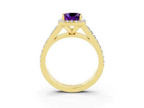 Yellow gold Cushion Cut Amethyst Split Shank Halo Ring with Four-Prong Setting_15