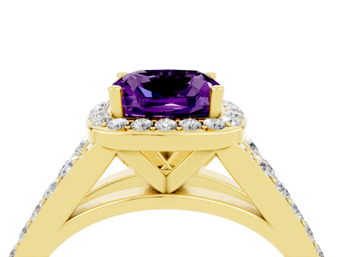 Yellow gold Cushion Cut Amethyst Split Shank Halo Ring with Four-Prong Setting_16