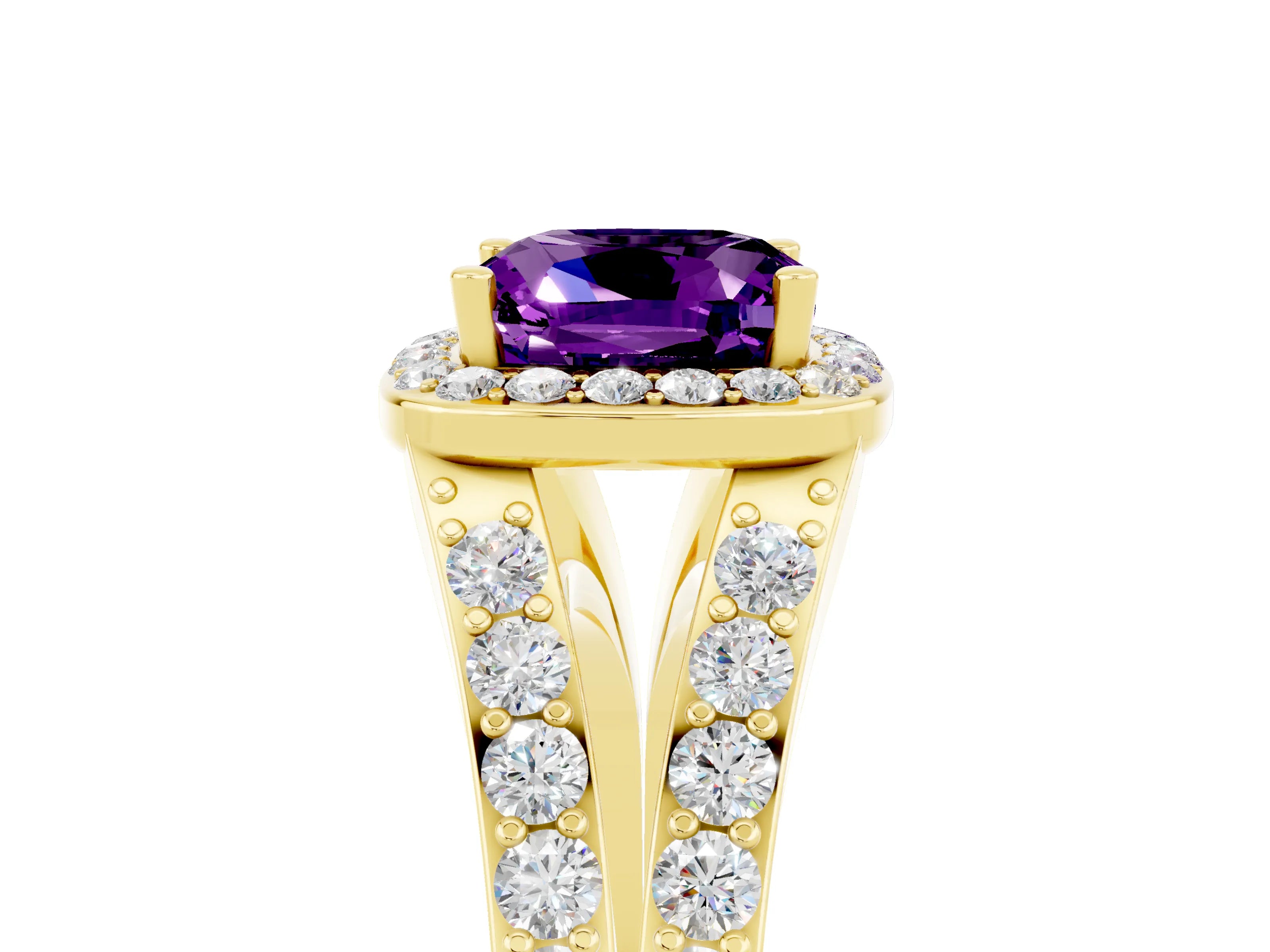 Yellow gold Cushion Cut Amethyst Split Shank Halo Ring with Four-Prong Setting_17