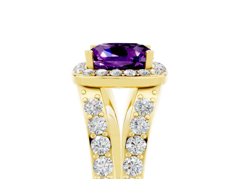 Yellow gold Cushion Cut Amethyst Split Shank Halo Ring with Four-Prong Setting_17