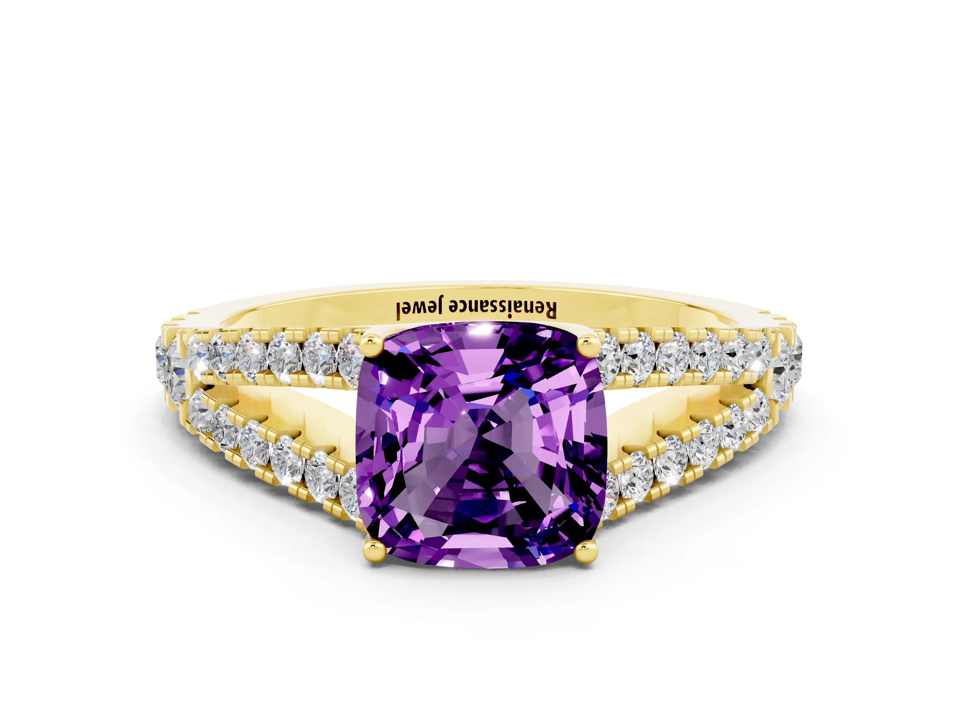 Yellow gold Cushion Cut Amethyst Split Shank Pavé Engagement Ring with Four-Prong Setting_12
