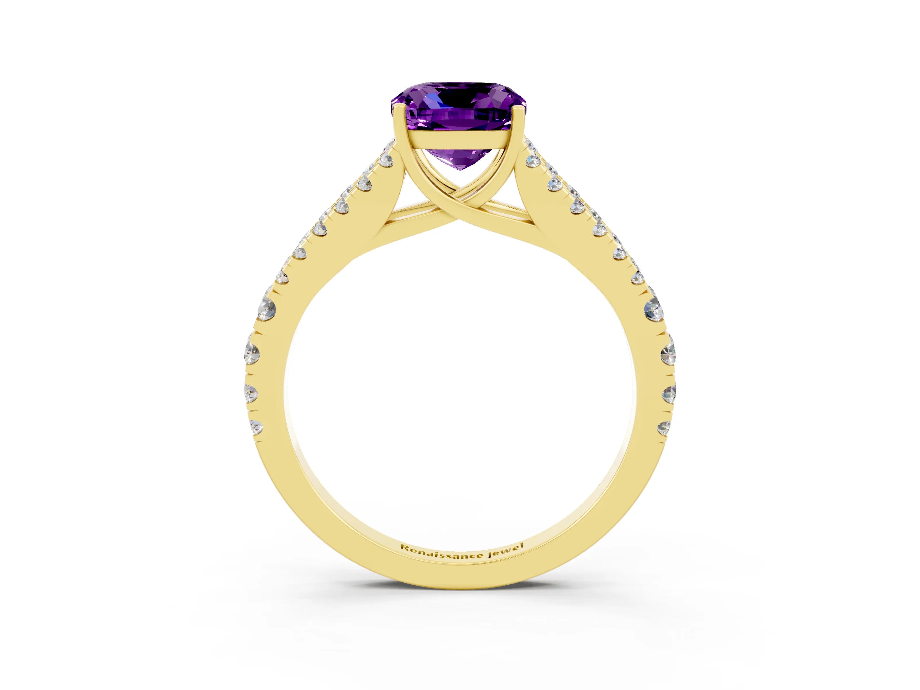 Yellow gold Cushion Cut Amethyst Split Shank Pavé Engagement Ring with Four-Prong Setting_15