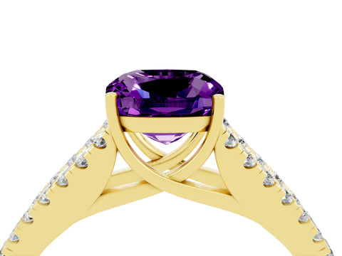 Yellow gold Cushion Cut Amethyst Split Shank Pavé Engagement Ring with Four-Prong Setting_16