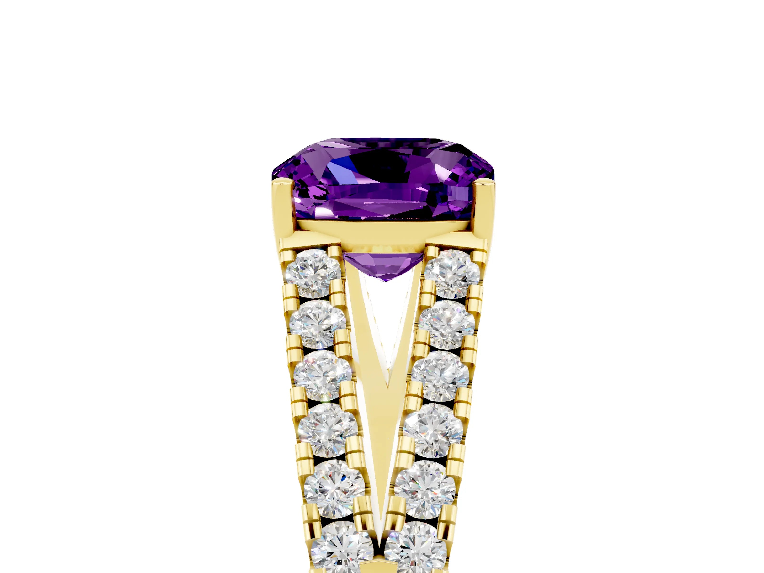Yellow gold Cushion Cut Amethyst Split Shank Pavé Engagement Ring with Four-Prong Setting_17