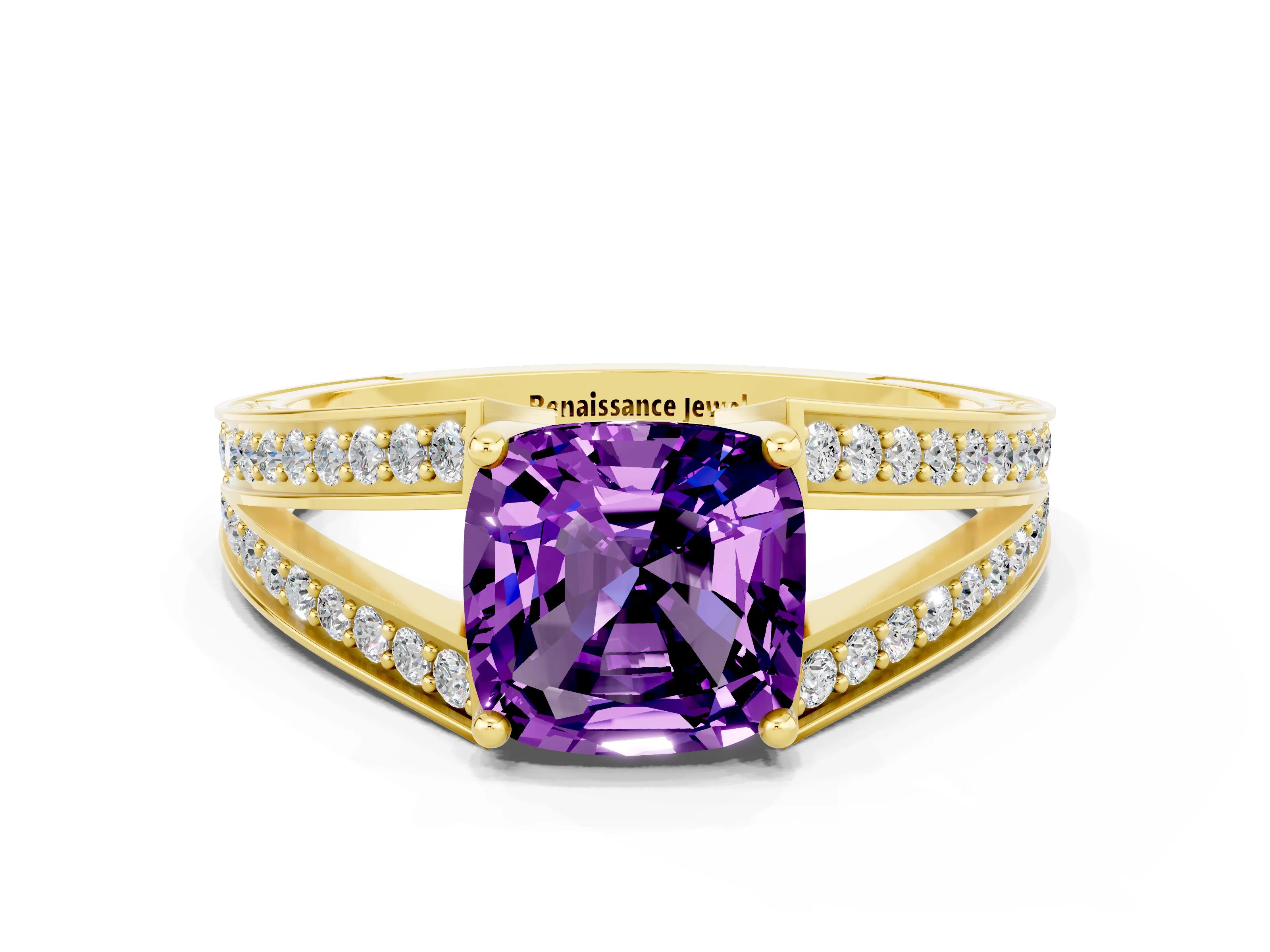 Yellow gold Cushion Cut Amethyst Split Shank Ring with Pavé Band and Four-Prong Setting