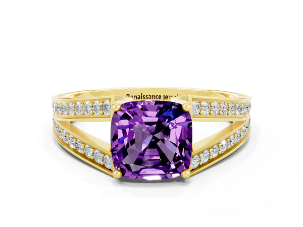 Yellow gold Cushion Cut Amethyst Split Shank Ring with Pavé Band and Four-Prong Setting