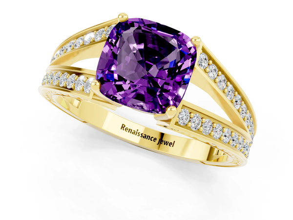 Yellow gold Cushion Cut Amethyst Split Shank Ring with Pavé Band and Four-Prong Setting