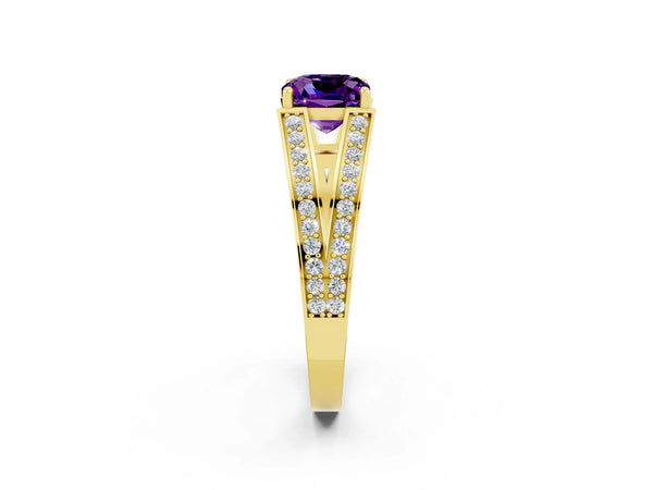 Yellow gold Cushion Cut Amethyst Split Shank Ring with Pavé Band and Four-Prong Setting