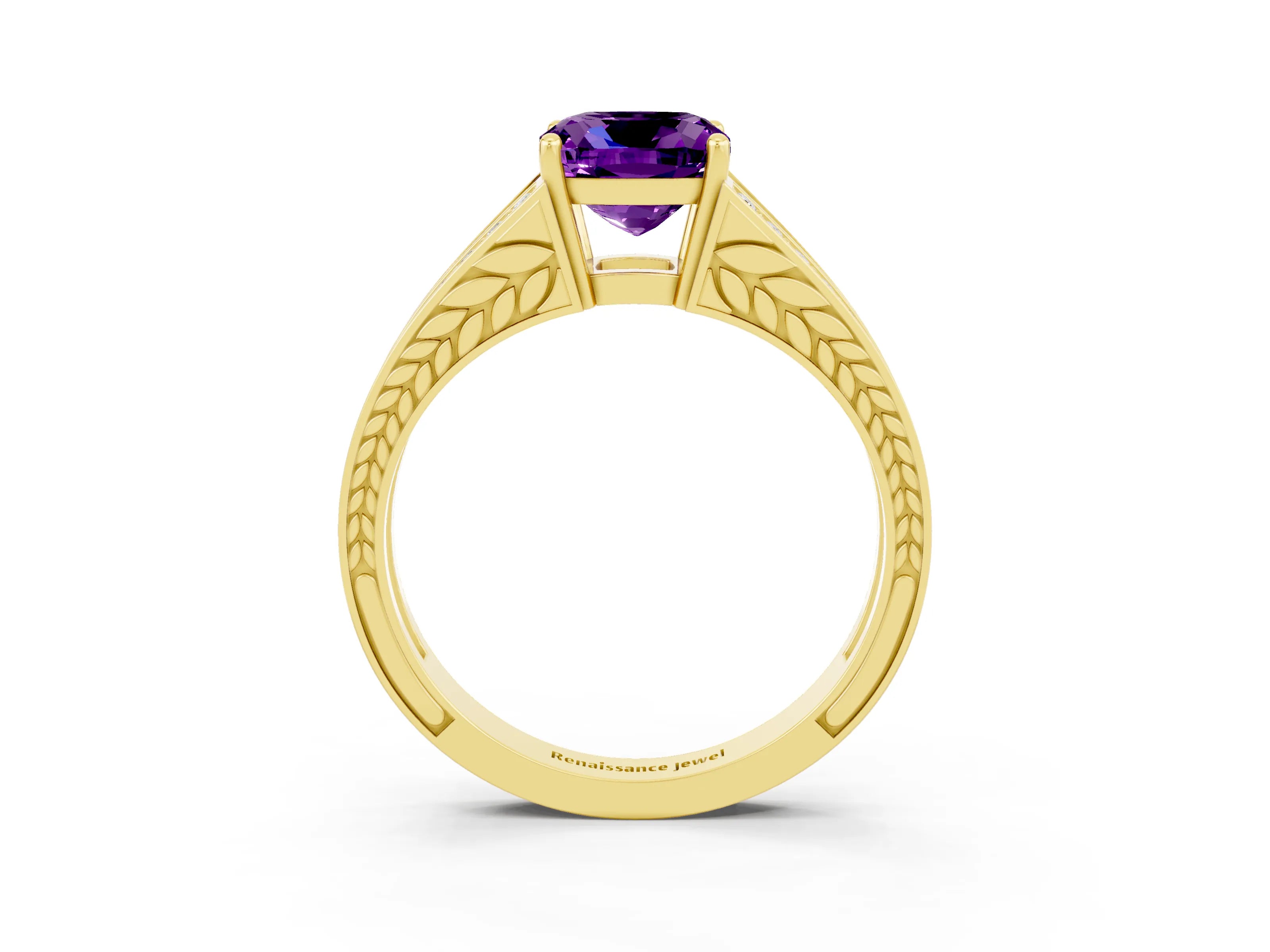 Yellow gold Cushion Cut Amethyst Split Shank Ring with Pavé Band and Four-Prong Setting_3