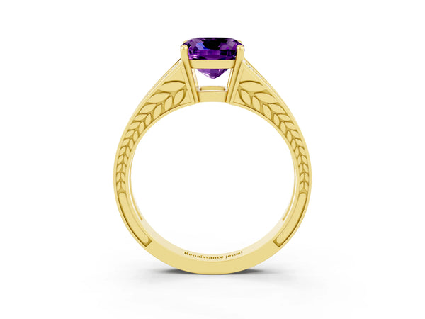 Yellow gold Cushion Cut Amethyst Split Shank Ring with Pavé Band and Four-Prong Setting