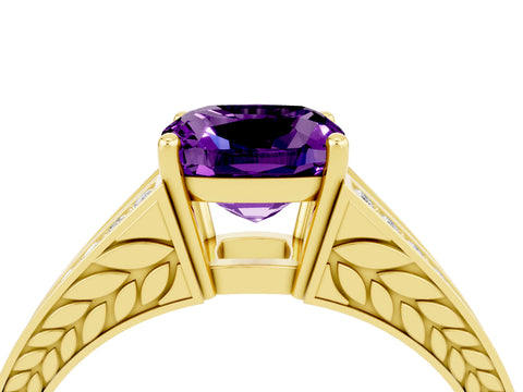 Yellow gold Cushion Cut Amethyst Split Shank Ring with Pavé Band and Four-Prong Setting_4
