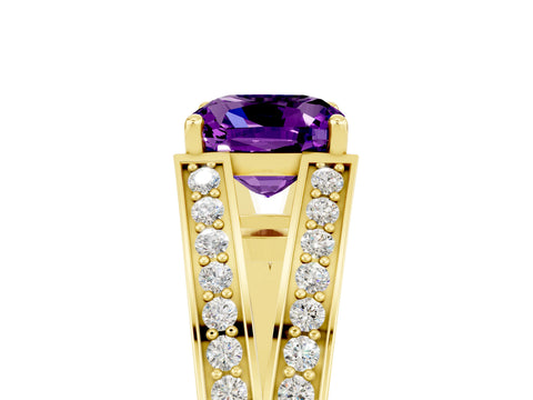Yellow gold Cushion Cut Amethyst Split Shank Ring with Pavé Band and Four-Prong Setting_5
