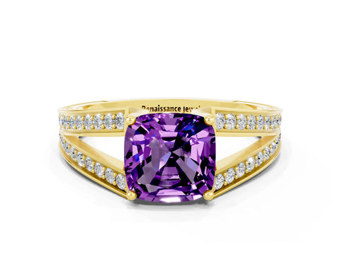 Yellow gold Cushion Cut Amethyst Split Shank Ring with Pavé Band and Four-Prong Setting