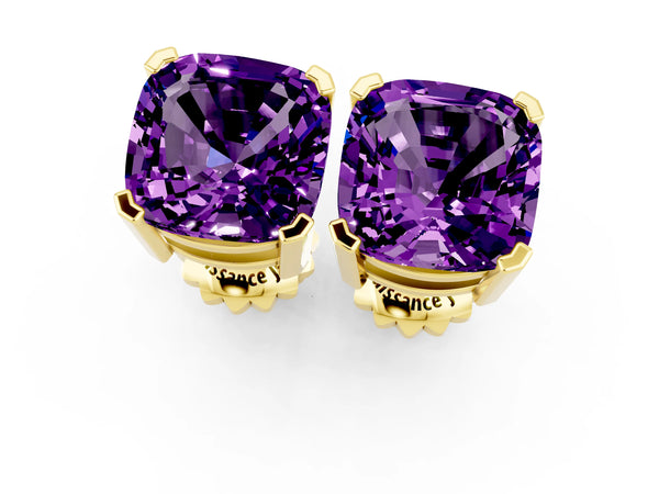 Yellow gold Cushion Cut Amethyst Stud Earrings
