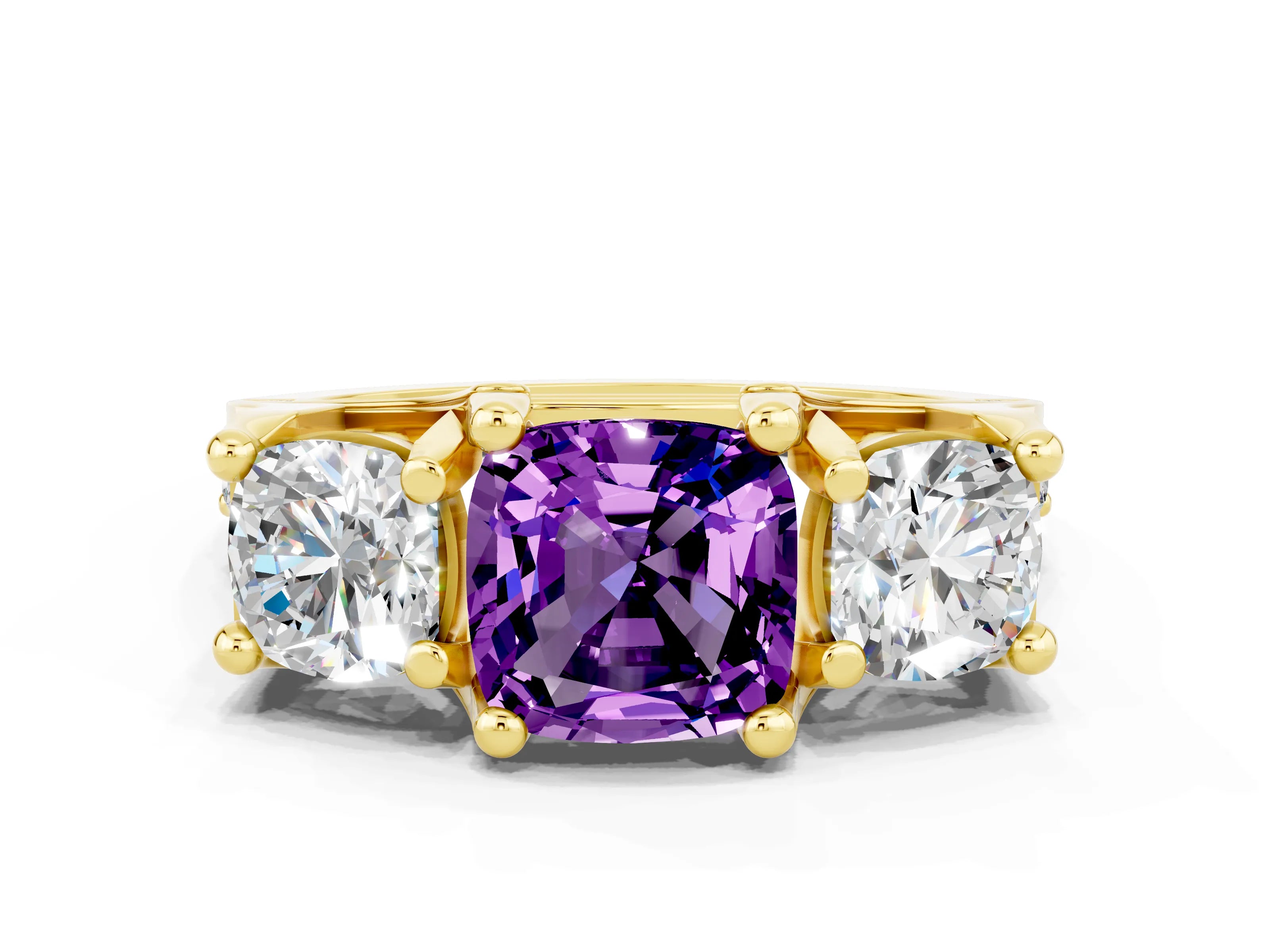 Yellow gold Cushion Cut Amethyst Three-Stone Ring with Channel Set Band and Four-Prong Setting