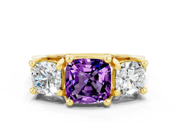 Yellow gold Cushion Cut Amethyst Three-Stone Ring with Channel Set Band and Four-Prong Setting