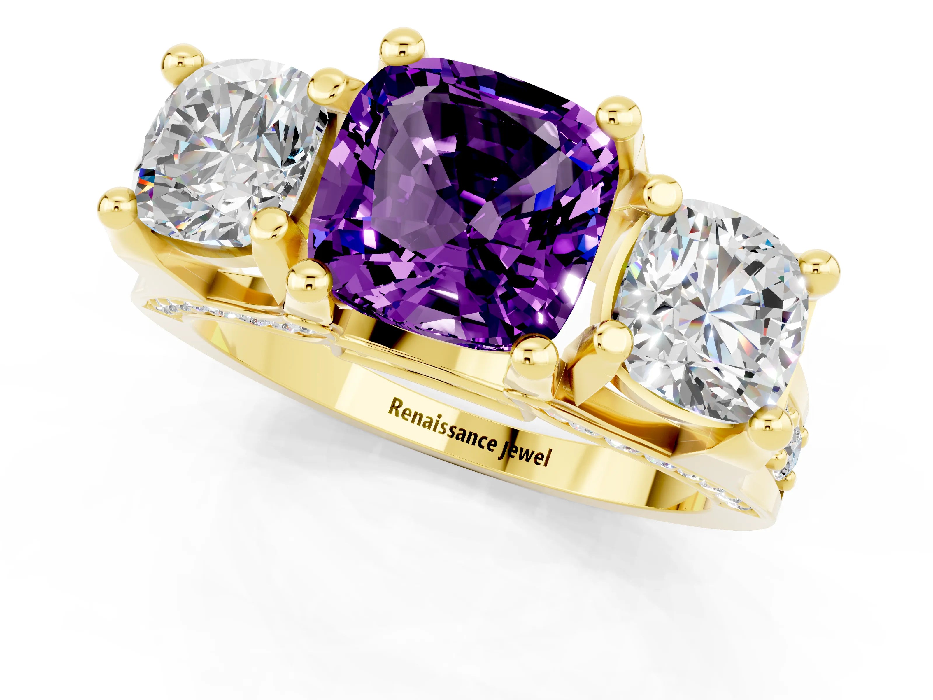 Yellow gold Cushion Cut Amethyst Three-Stone Ring with Channel Set Band and Four-Prong Setting_1