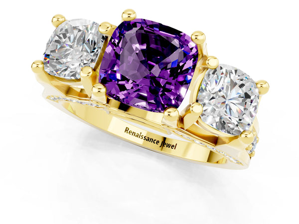 Yellow gold Cushion Cut Amethyst Three-Stone Ring with Channel Set Band and Four-Prong Setting