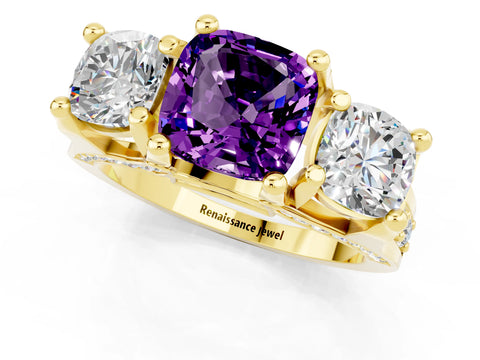 Yellow gold Cushion Cut Amethyst Three-Stone Ring with Channel Set Band and Four-Prong Setting_1