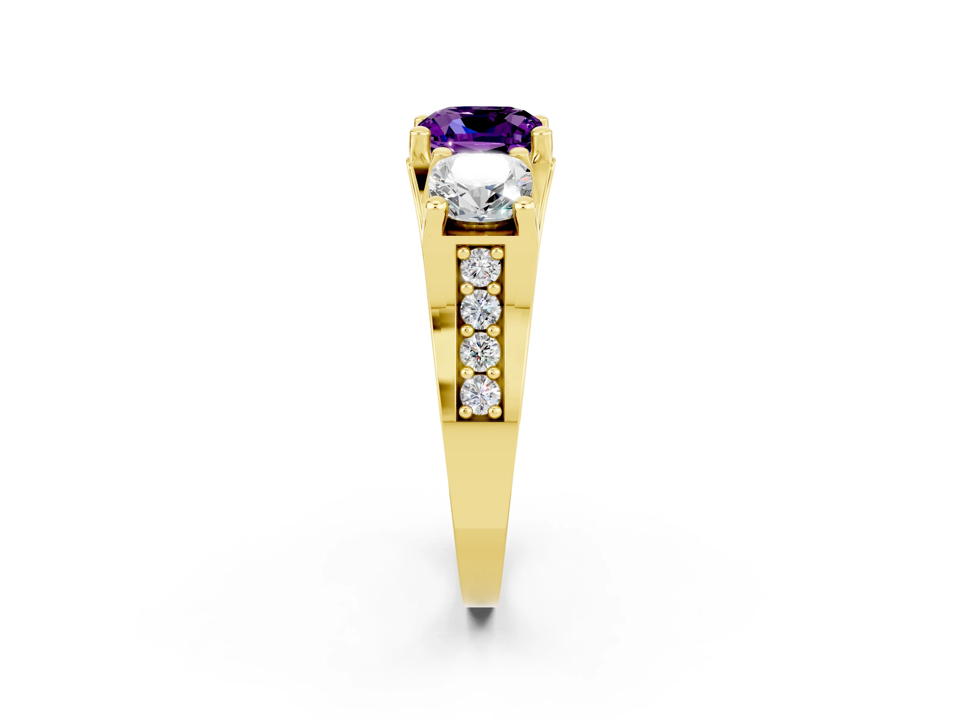 Yellow gold Cushion Cut Amethyst Three-Stone Ring with Channel Set Band and Four-Prong Setting_2
