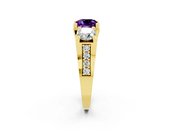 Yellow gold Cushion Cut Amethyst Three-Stone Ring with Channel Set Band and Four-Prong Setting