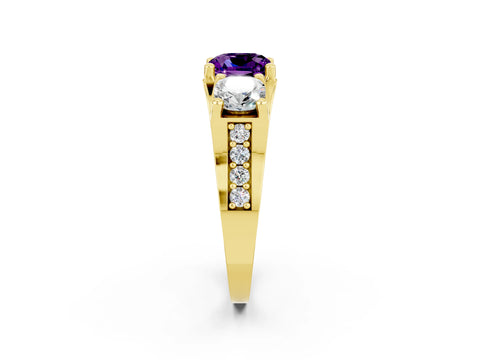 Yellow gold Cushion Cut Amethyst Three-Stone Ring with Channel Set Band and Four-Prong Setting_2