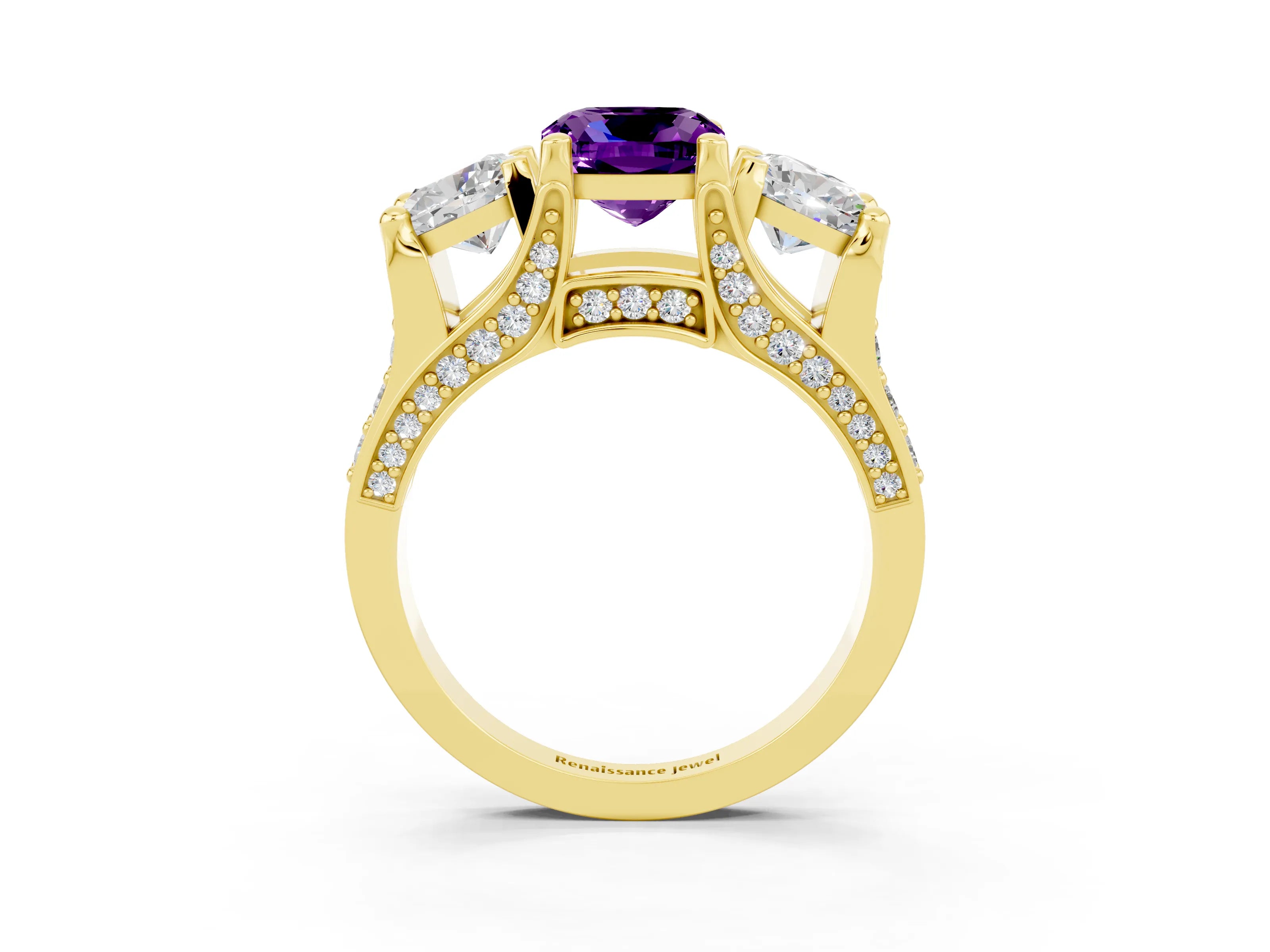 Yellow gold Cushion Cut Amethyst Three-Stone Ring with Channel Set Band and Four-Prong Setting_3