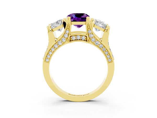 Yellow gold Cushion Cut Amethyst Three-Stone Ring with Channel Set Band and Four-Prong Setting