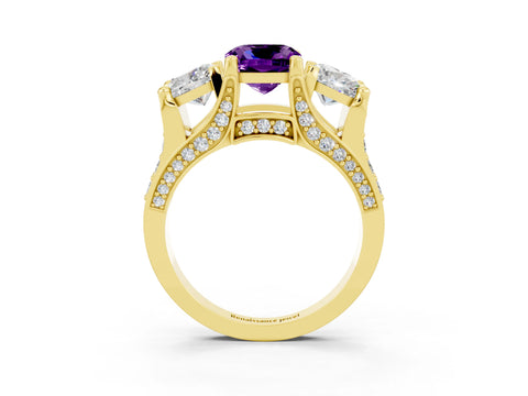 Yellow gold Cushion Cut Amethyst Three-Stone Ring with Channel Set Band and Four-Prong Setting_3