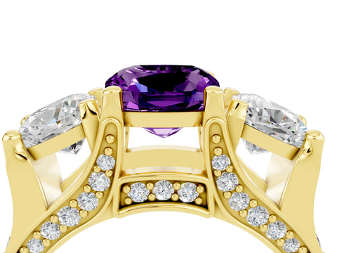 Yellow gold Cushion Cut Amethyst Three-Stone Ring with Channel Set Band and Four-Prong Setting_4