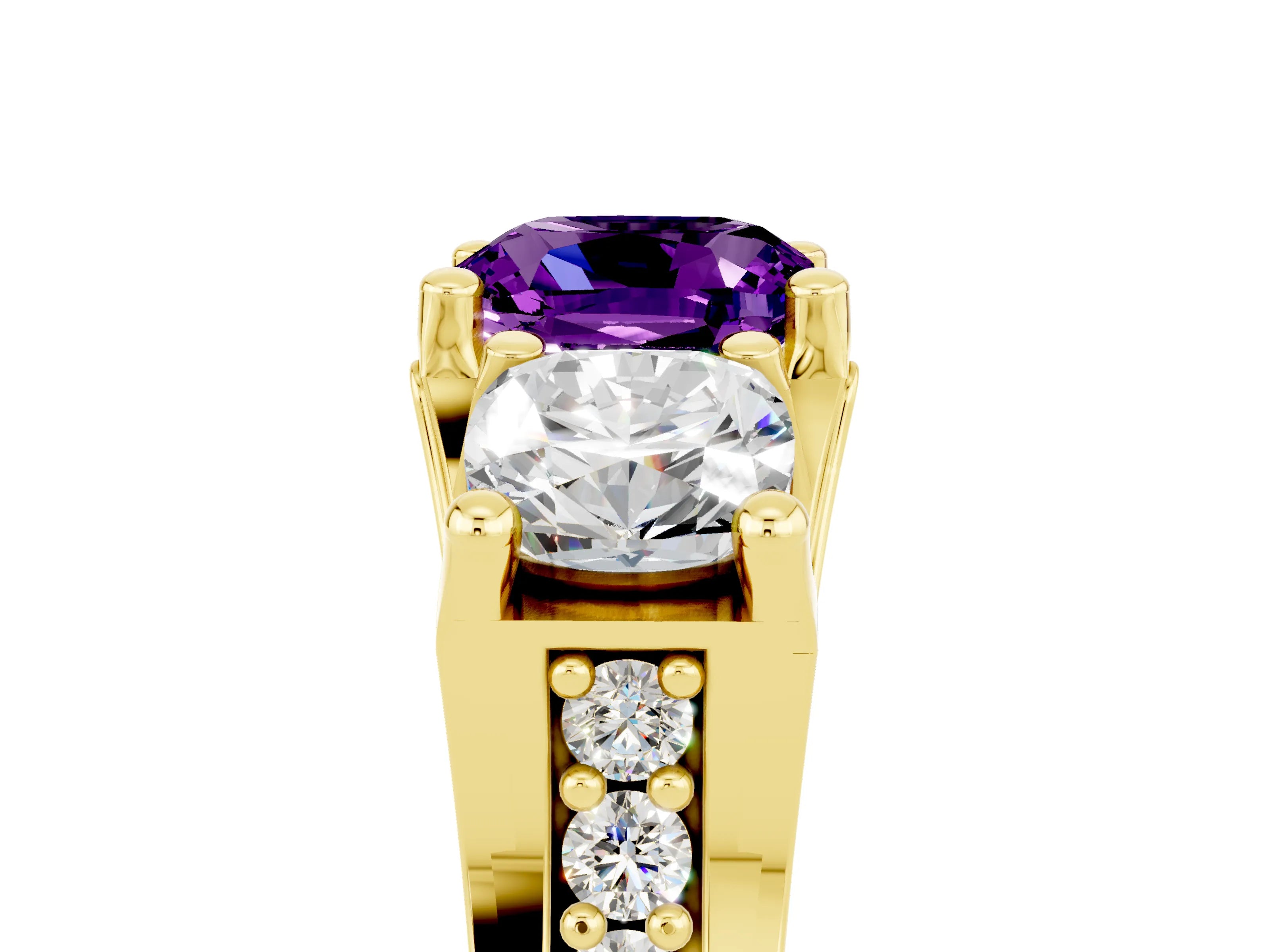Yellow gold Cushion Cut Amethyst Three-Stone Ring with Channel Set Band and Four-Prong Setting_5