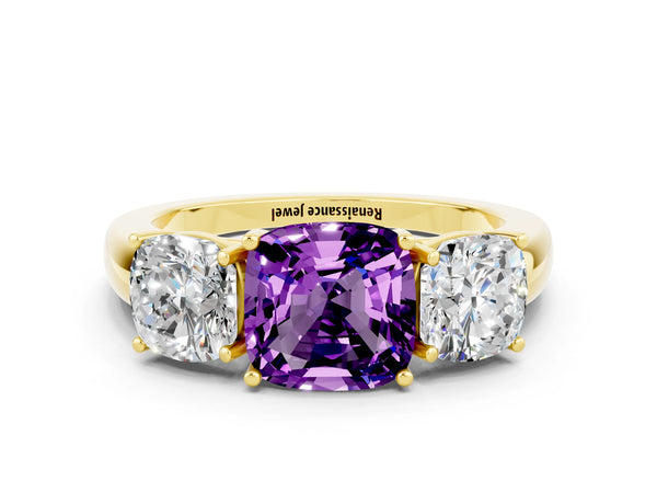 Yellow gold Cushion Cut Amethyst Three-Stone Ring with Four-Prong Setting and Classic Band