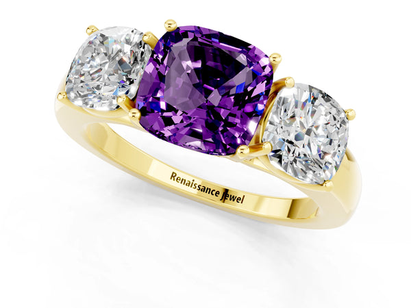 Yellow gold Cushion Cut Amethyst Three-Stone Ring with Four-Prong Setting and Classic Band