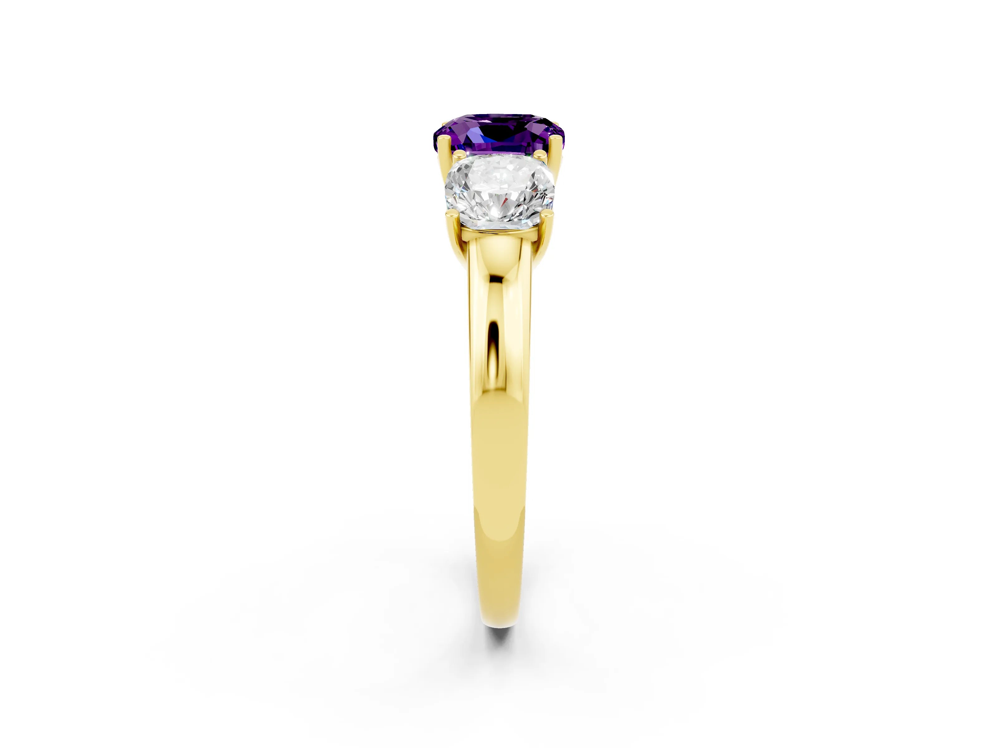 Yellow gold Cushion Cut Amethyst Three-Stone Ring with Four-Prong Setting and Classic Band_2
