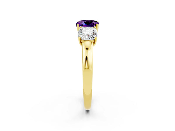 Yellow gold Cushion Cut Amethyst Three-Stone Ring with Four-Prong Setting and Classic Band