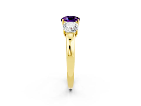 Yellow gold Cushion Cut Amethyst Three-Stone Ring with Four-Prong Setting and Classic Band_2