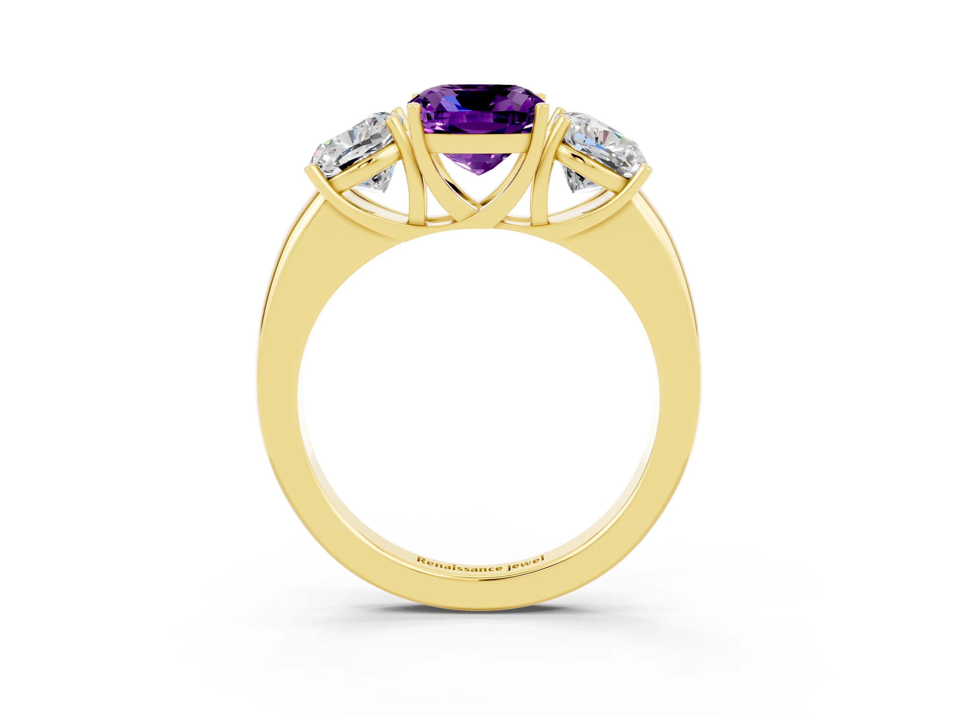 Yellow gold Cushion Cut Amethyst Three-Stone Ring with Four-Prong Setting and Classic Band_3
