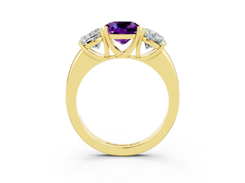 Yellow gold Cushion Cut Amethyst Three-Stone Ring with Four-Prong Setting and Classic Band_3