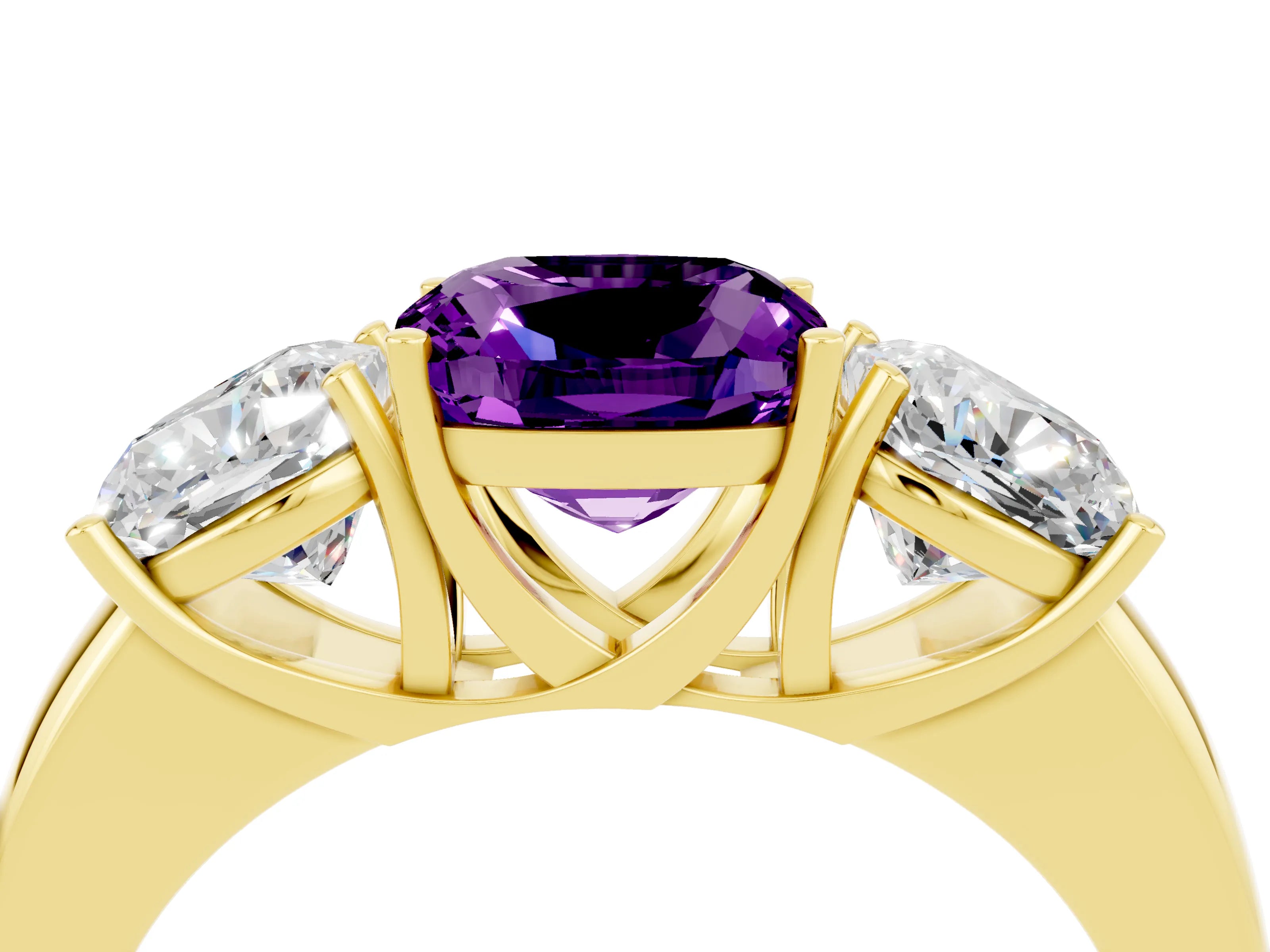 Yellow gold Cushion Cut Amethyst Three-Stone Ring with Four-Prong Setting and Classic Band_4