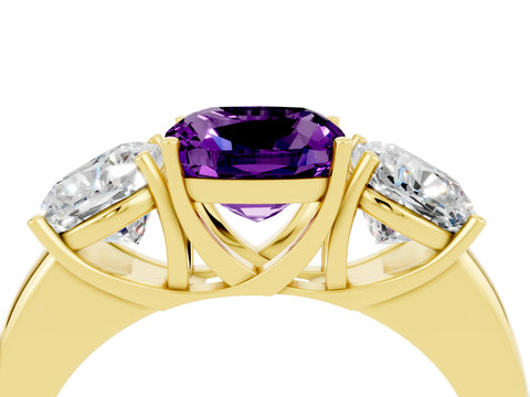 Yellow gold Cushion Cut Amethyst Three-Stone Ring with Four-Prong Setting and Classic Band_4