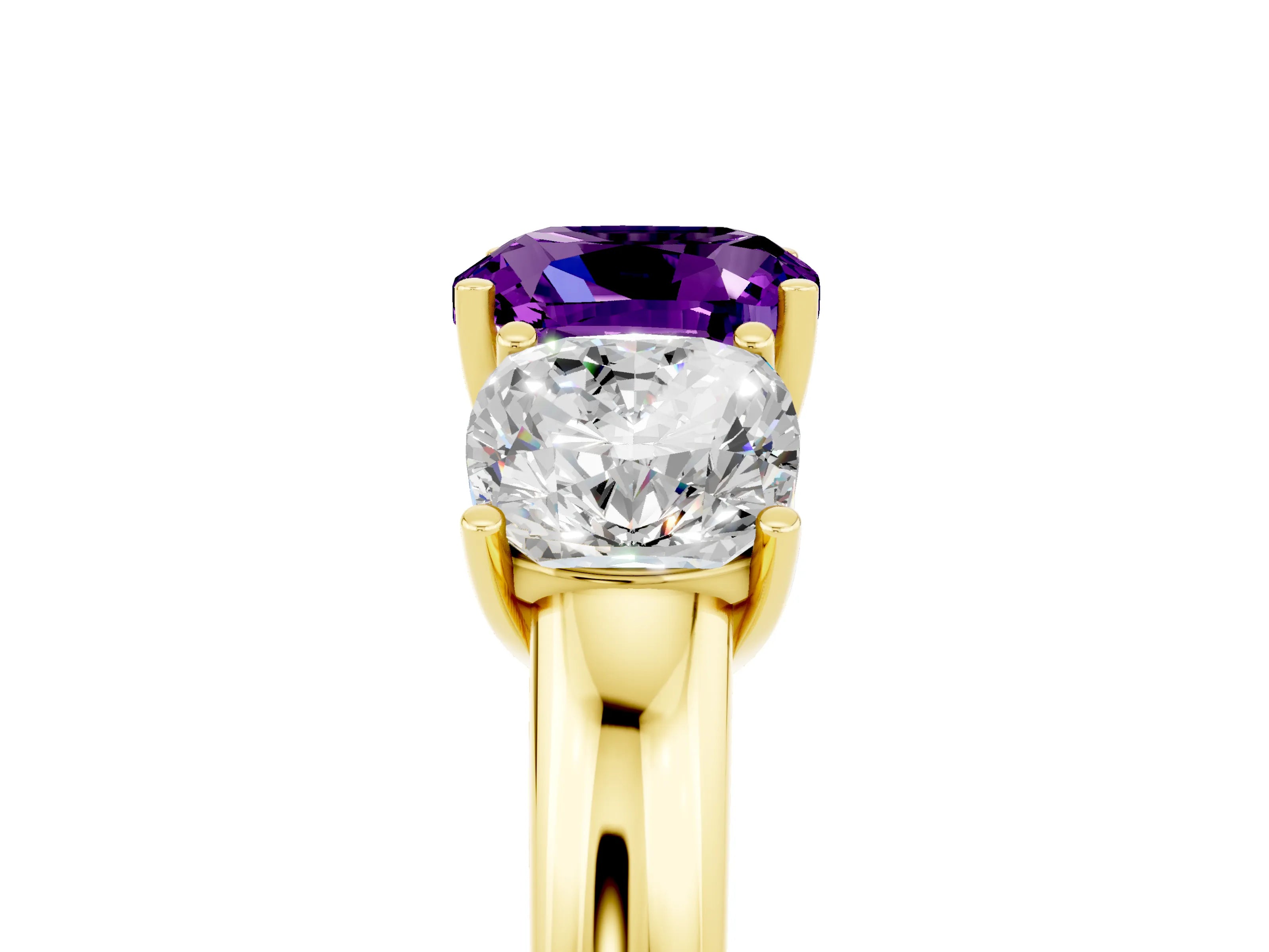 Yellow gold Cushion Cut Amethyst Three-Stone Ring with Four-Prong Setting and Classic Band_5