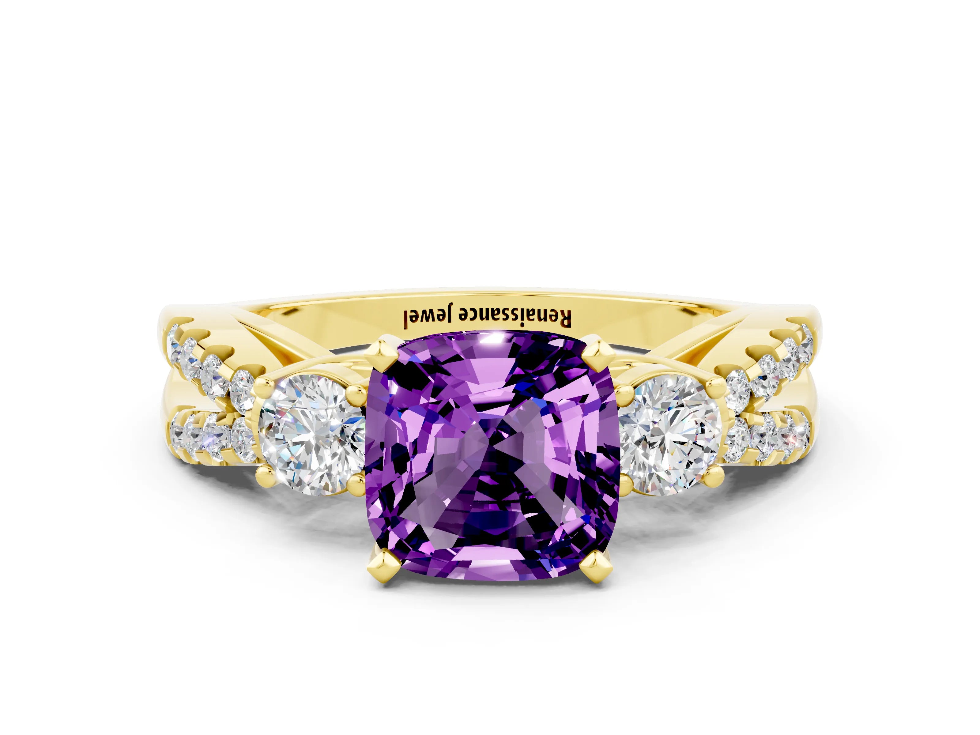 Yellow gold Cushion Cut Amethyst Three-Stone Ring with Pavé Split Shank and Four-Prong Setting_12