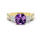 Yellow gold Cushion Cut Amethyst Three-Stone Ring with Pavé Split Shank and Four-Prong Setting_12