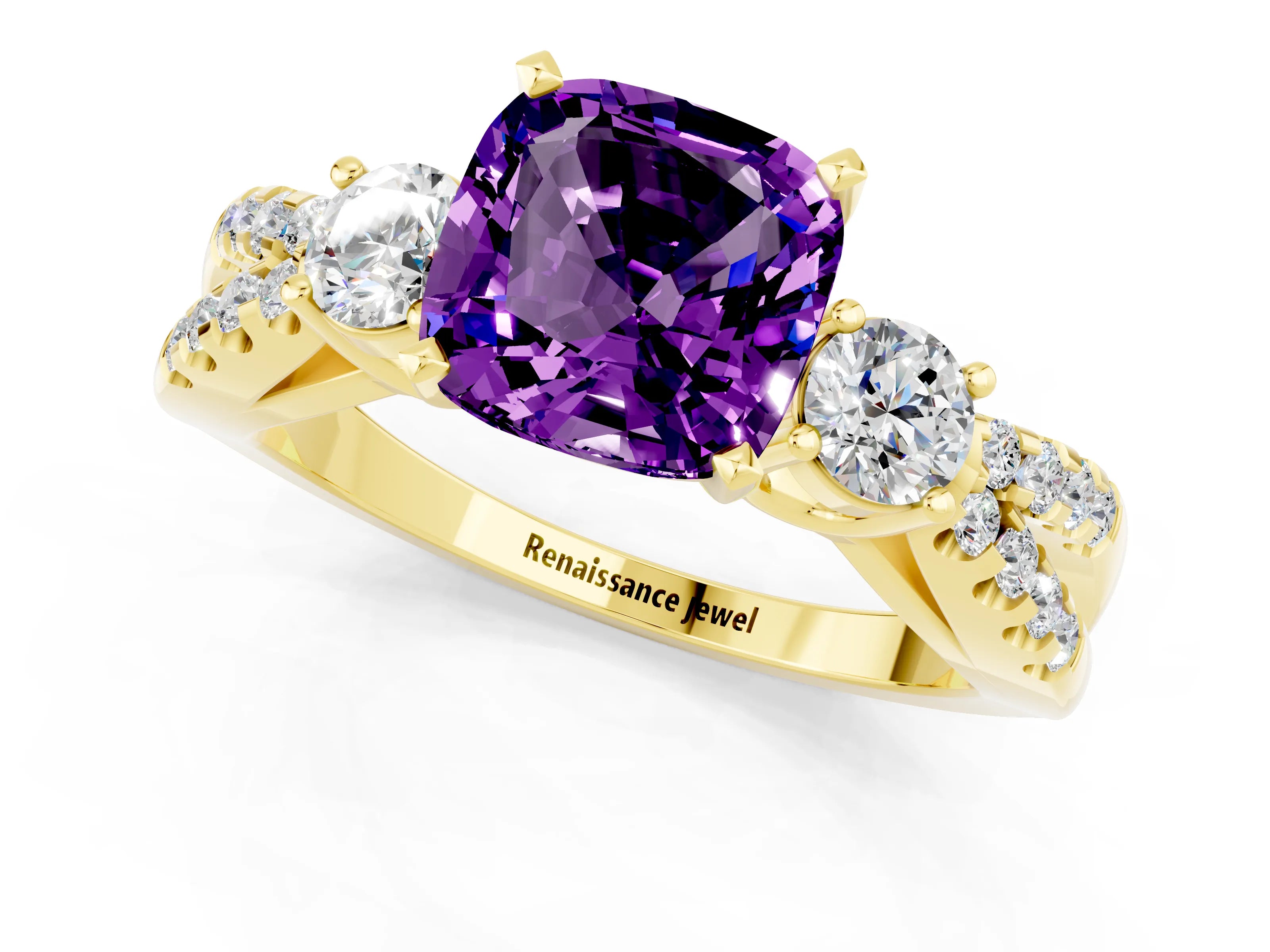 Yellow gold Cushion Cut Amethyst Three-Stone Ring with Pavé Split Shank and Four-Prong Setting_13
