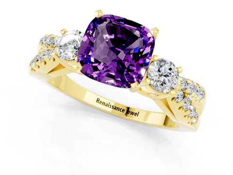 Yellow gold Cushion Cut Amethyst Three-Stone Ring with Pavé Split Shank and Four-Prong Setting_13