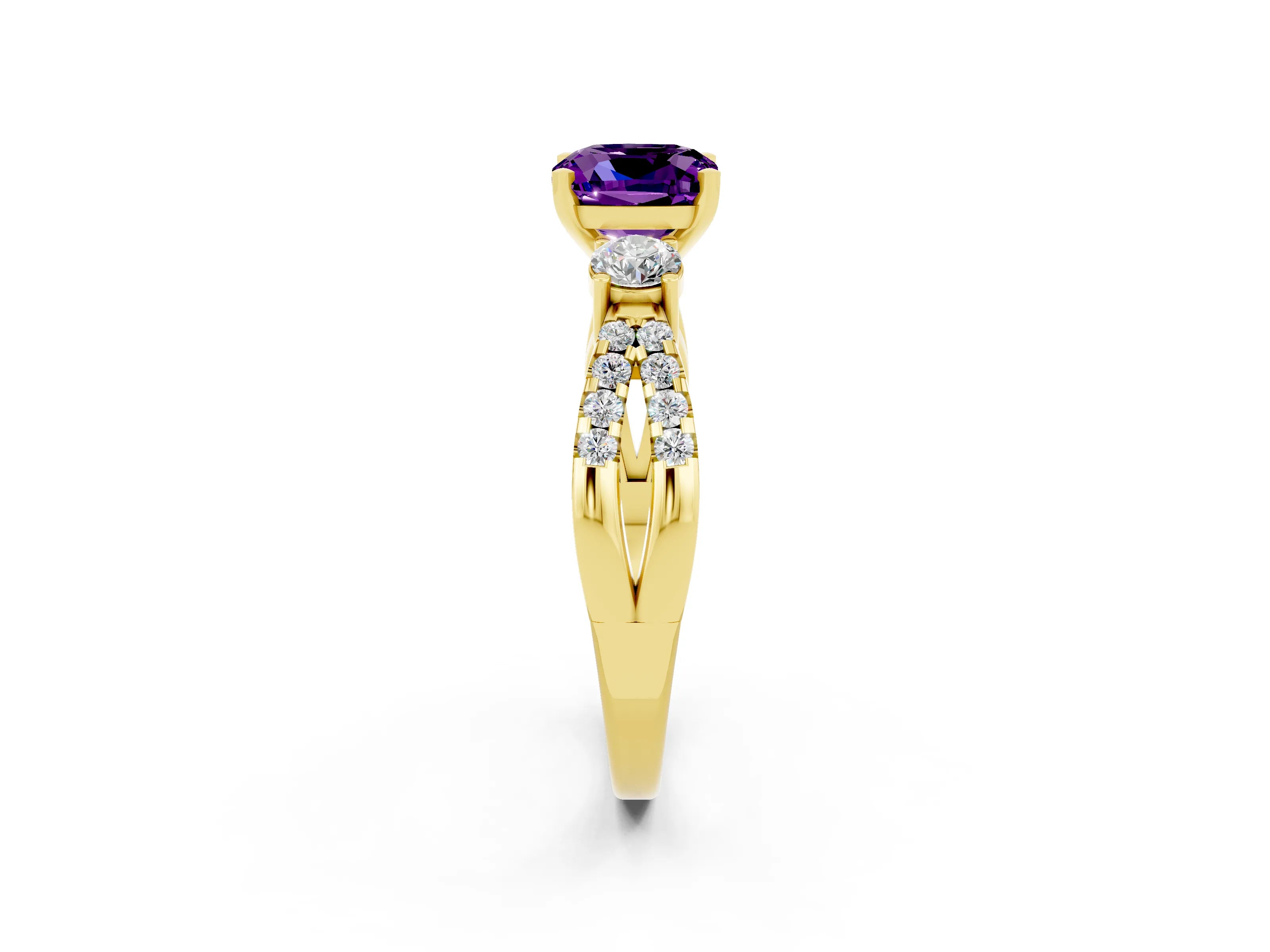 Yellow gold Cushion Cut Amethyst Three-Stone Ring with Pavé Split Shank and Four-Prong Setting_14